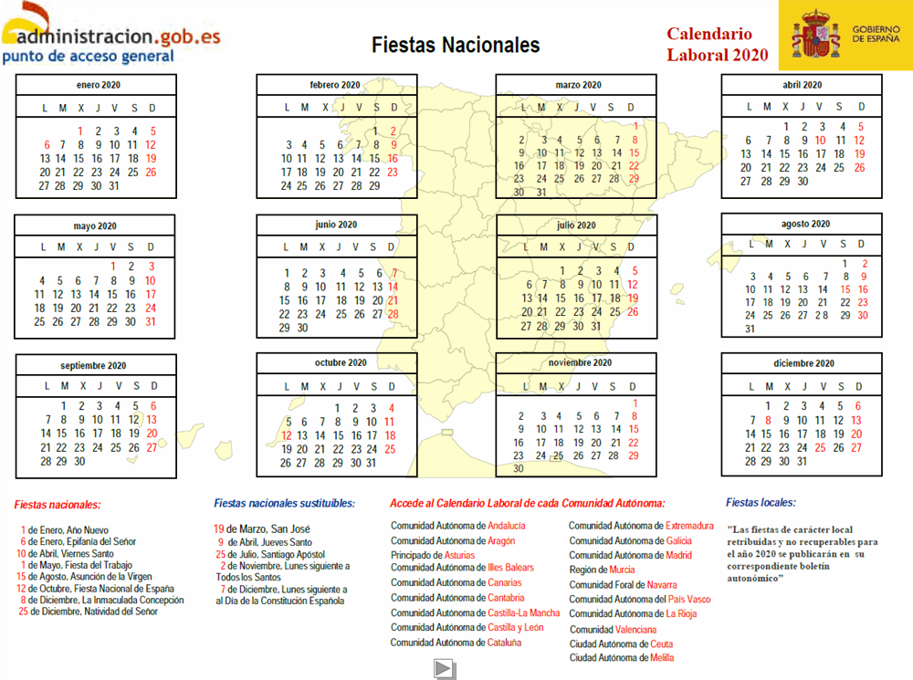 Calendario Laboral De 2020 Dias Festivos En El Ambito Local Nacional Y En La Union Europea calendario laboral europeo